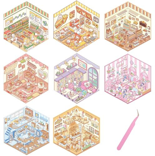 Yamobi 8 Stück 3D Sticker Set,Haus Aufkleber House Stickers,8 Szenen Mit Hintergrund Und Pinzette,Dekorative Aufkleber für Sammelalben