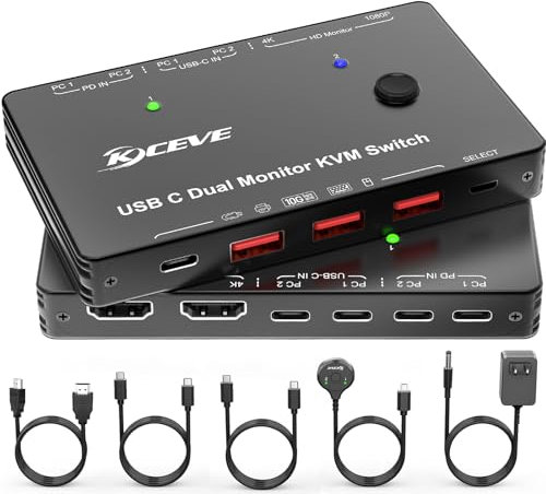 KVM Switch 2 Monitors 2 Computers USB C, Dual Monitor USB TypeC C KVM Switches Supports 4K@60Hz for 2 Computers Share Keyboard, Mouse and Monitor
