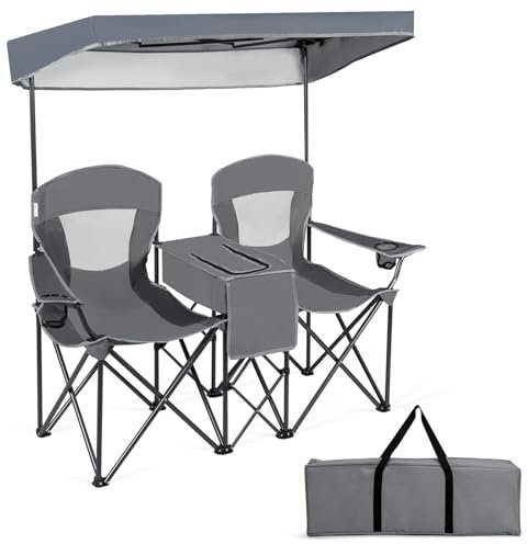 COSTWAY Double Folding Camping Chair with Canopy, Outdoor Portable Loveseat with Armrests, Cup Holder and Carrying Bag, Garden Patio Fishing Seaside Beach Picnic Chairs (no Roll-up Shade, Grey)