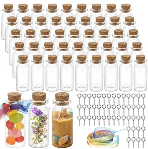 Luziyun 48 Pièces Petite Bouteille en Verre, 10ml Mini Bouteilles avec Bouchon, Fiole en Verre avec Ruban Décoratif, pour Mariage, DIY Fête Décoration