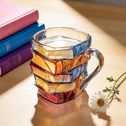 Cteaffee Vintage Embossed Coffee Mugs，11 Oz Oats Containers Tea Cups with Spoon，Clear Glass Cups for Cappuccino, Latte, Cereal, Yogurt, Beverage Hot/Cold (Book Mug)