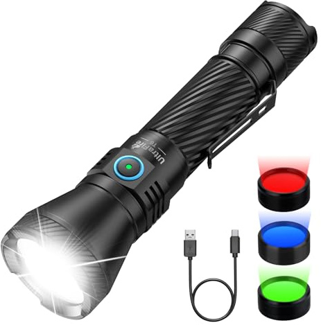UltraFire Linterna táctica recargable de 1800 lúmenes, 4 colores de luz de caza rojo/verde/azul/blanco, 4 modos, interruptor doble, alcance de 550 metros, IPX8, resistente al agua, camping, caza