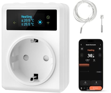 MIUCDA Smart Steckdosen-Thermostat WLAN für Heizung/Kühlung und Zeitschaltuhr mit 3m und 5cm Fühler, Digitaler Temperaturregler Kompatibel mit Alexa und Google für Gewächshäuser, Aquarien