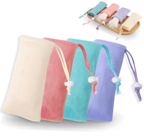 Exfoliating Soap Bags for Shower, 4Pcs Exfoliating Soap Bar Bag with Drawstring Travel Soaps Bar Bags, Drawstring Wash Bag (4 Colors, 6.7 x 3.1 in)