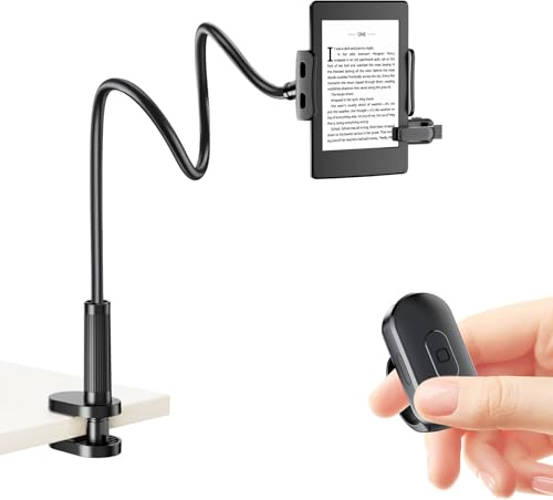 Locthal Kindle-Halter mit Seitenumkehrring, Tablet-Halterung zum Lesen von Zubehör im Bett mit Slient Remote Clicker, eReader Ständer kompatibel mit Fire iPad iPhone