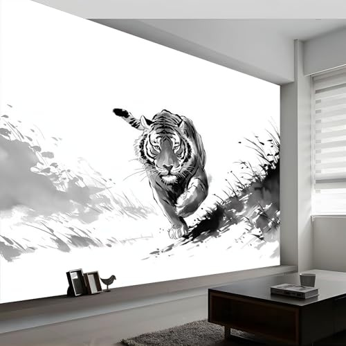 3D Papier Peint Panoramique Noir Blanc Forêt Animaux Tigre 450L x 280H cm, Papier Peint Panoramique Murale Peinture à L'Encre Chine pour Salon Chambre Chambre d'Enfant - Décoration Murale Photo