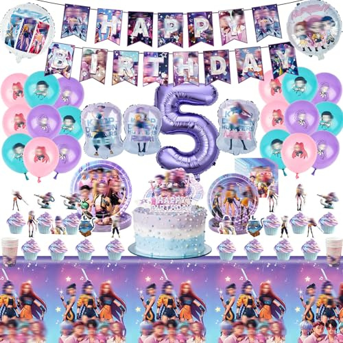 91 PCS Demon Birthday Decorations 5th, Party Decorations Party Supplies Paper Plates Cups Napkins Tablecloth Balloons , Tableware Set for 10 Guests