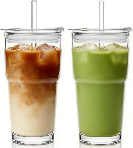 LATERN 2Pcs 600ml Glass Tumblers with Lid and Glass Straw, 20oz Thick-Walled Iced Coffee Cup Reusable Clear Glassware Cup for Water, Iced Tea, Coffee, Juice Hot & Cold Drinks, Travel & Daily Use