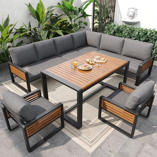 Generisch Gartenlounge Outdoor, Gartenmöbel-Set, Wetterfeste Terrassenmöbel, für 8 Personen, mit Esstisch aus Massivholz, Verstellbare Beine, für Terrasse, Balkon, Poolbereich