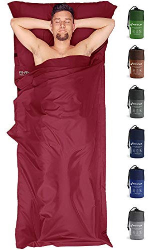 Fit-Flip Hüttenschlafsack Ultraleicht, Mikrofaser Schlafsack Inlay mit extra Kissenfach, Inlett Schlafsack seidig weich, Reiseschlafsack als auch Innenschlafsack, Weinrot