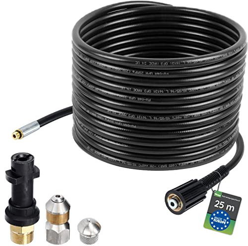 Manguera para limpieza de tuberías, 25m, 160-200 bar, incl. adaptador, boquillas rígidas + giratorias, compatible con las limpiadoras de alta presión Karcher K2, K3, K4, K5, K6, K7