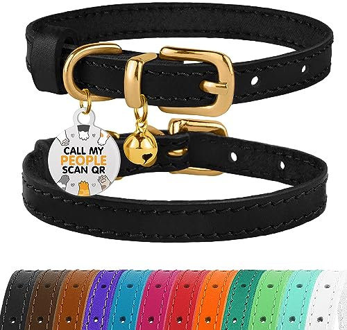 BRONZEDOG Katzenhalsband aus Leder mit Glöckchen, Nicht abreißbar, QR-Tag für Mädchen und Jungen (Schwarz und Gold, 23-28 cm)
