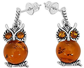 Kiara Jewellery Boucles d'oreilles pendantes en forme de chouette en argent sterling 925 incrustées d'ambre de la Baltique marron.
