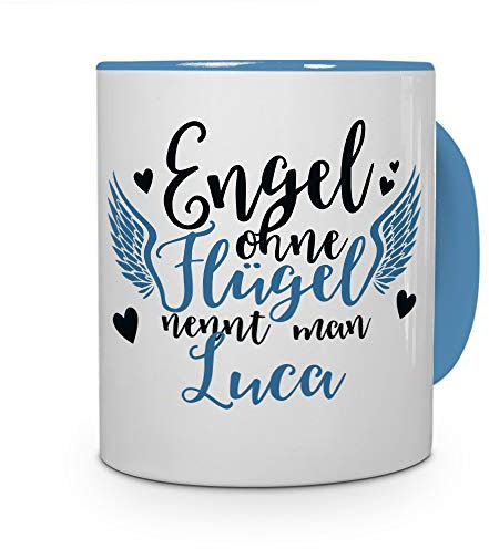 printplanet Tasse mit Namen Luca - Motiv Engel - Namenstasse, Kaffeebecher, Mug, Becher, Kaffeetasse - Farbe Hellblau