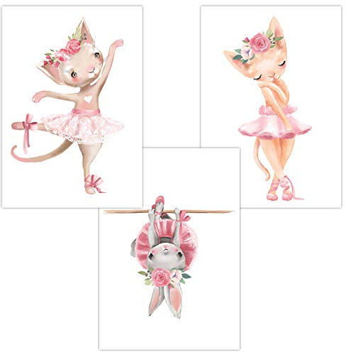 Olgs Wandbilder 3er Set für Baby & Kinderzimmer Deko Poster | Kunstdruck DIN A4 ohne Rahmen und Dekoration Tiere Mädchen (W06 Ballerina Cats/Katze Hase Blumen)