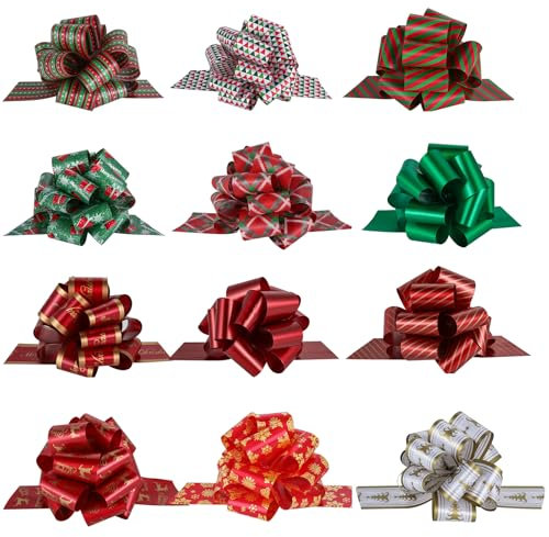 PintreeLand 12 x Weihnachts-Geschenkschleifen mit 12 Geschenkanhängern, 12,7 cm große Weihnachtsschleifen mit Schleife, Zubehör für Geschenke, Floristen, Blumenstrauß, Korb-Dekoration, einfach zu