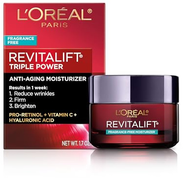 L'Oreal Paris Revitalift Triple Power Anti-Aging Face Moisturizer, Pro Retinol, Hyaluronic Acid & Vitamin C, Reduce Wrinkles, Fragrance Free 1.7 Oz