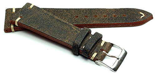 Sulla 22 mm Vintage Leder Uhrenarmband Handgemacht in Deutschland Retro Look Braun weiße Naht