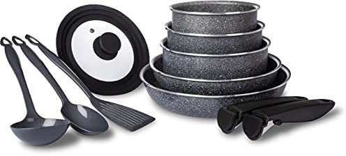 TVS Batteria di Pentole e Padelle con Manico Rimovibile, per Induzione, Rivestimento in Pietra, made In Italy 11 pz.