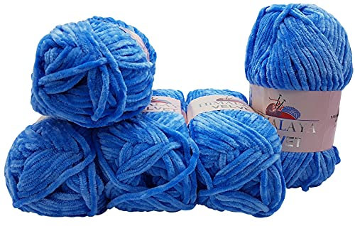 5 x 100 Gramm Himalaya Velvet Micro-Polyester Strickwolle, Babywolle samtig 500 Gramm Wolle (blau 90027)