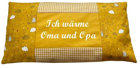 Kirschkernkissen 20x40cm mit eigenem Wunschtext Motiv: Igel und Eule maisgelb weiß