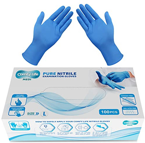 Comfy Life MEDI Pure Nitrile Gloves - Latex & Powder Free Disposable Examination Glove - Pack of 100 Large Blue Nitrile Gloves