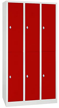 Schrank & Stuhl Spind – Metallspind mit 3 x 2 Abteilen 195 x 90 x 50 cm, Schließfachschrank mit Drehriegelvorrichtungen, Lieferung komplett montiert, Grau/Rot