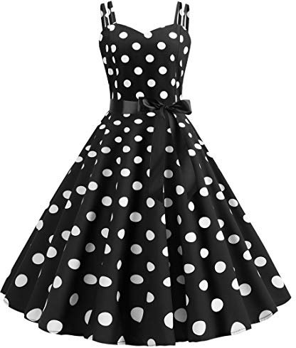 Rockabilly Kleider Damen 50er Jahre Vintage Retro 50s Petticoat Kleid Sommer Spaghettiträger Polka Dot Swing Pettycoatkleider Faltenrock Festlich Partykleid Coctailkleid Abendkleid Schwarz M