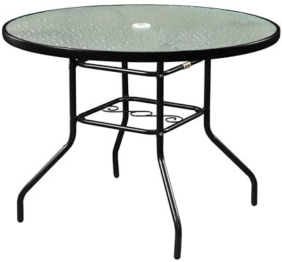 Garden Elements Table de salle à manger d'extérieur en acier avec plateau rond en verre Waterwave Noir 101,6 cm