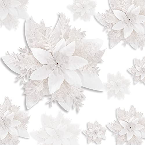 24 pezzi di Natale luccicanti stelle di Natale fiori con clip artificiali fiori di Natale glitter fiore di Natale matrimonio albero di Natale Natale ghirlanda di Natale Capodanno ornamenti