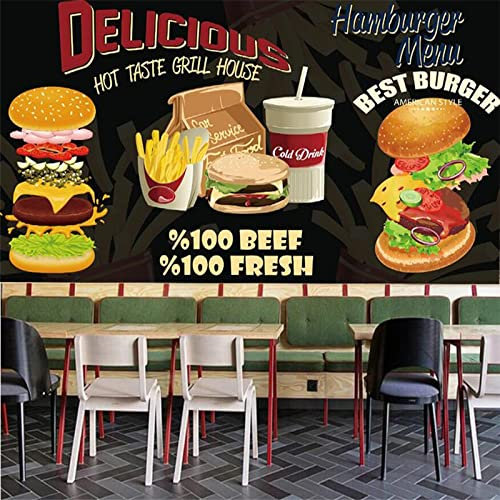 TANYANG Personnalisé Hamburgers Burgers Papier Peint Western Fast Food Restaurant Fond Noir Papier Peint Mural Snack Bar 350Cm(W)×245Cm(H)