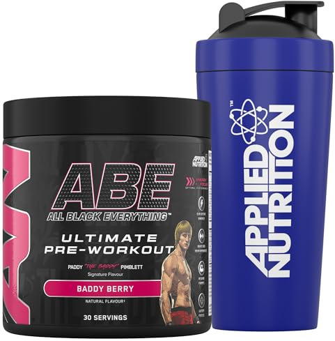 Applied Nutrition Bundle ABE Pre Workout 375g + 750ml Steel Protein Shaker | All Black Everything Pre Workout Powder, Energy & Physical Performance with Creatine, Beta Alanine (Baddy Berry)