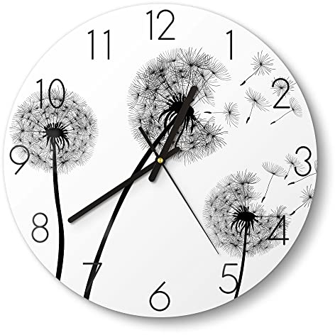 DEQORI Glasuhr | rund Ø 30 cm | Motiv Schwarze Pusteblumen | ausgefallene leise Design Uhr aus Glas | Wanduhr für Wohnzimmer & Küche | moderne Hingucker Uhr für die Wand