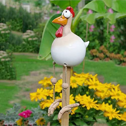 OKESYO Keramik Huhn Gartendeko Harz Gartenstecker Tierfigur Huhn Gartenstecker Handarbeit Keramikfigur Gartendeko Terrasse Wetterfest Huhn Gartenstecker Figur, Weiß