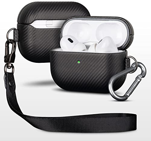 Haobobro [Karbonfaser Textur] AirPods Pro 2 Hülle Case 2022 - Handgefertigt AirPods Pro 2. Generation Hülle mit Trageband und Karabiner - Stoßdämpfende Schutzhülle mit Premium Finish - Schwarz