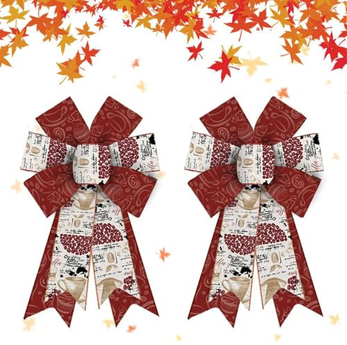 Estivaux 2 Stück Herbstschleifen für Kranz, Thanksgiving-Kranzschleifen, braun, weiß, weinrot, Jute, Schleife, Herbst, Kaffeebohnen, Bastelschleife, Urlaub, Bauernhaus, Baumschleifen für Haustür,