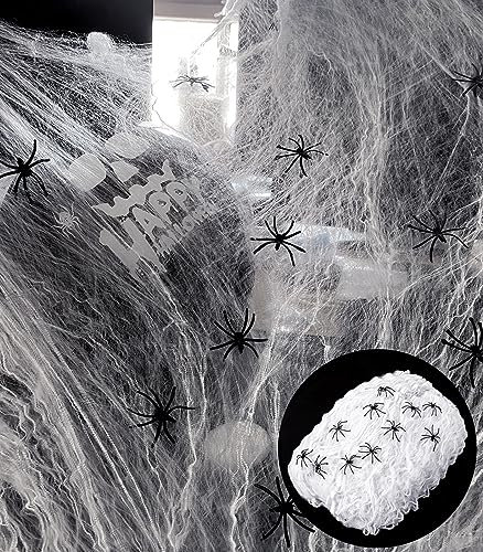 SHIYOUO Halloween Spinnennetz Deko, 200g weiße Baumwolle mit 50 Spinnen Halloween Spinnennetz Spinnennetz Deko Halloween Deko Kit für Halloween Party Deko