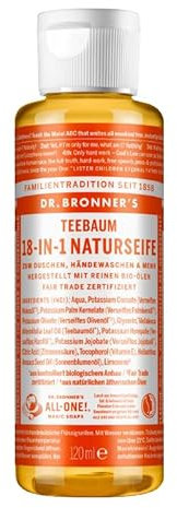 Dr. Bronners 18-IN-1 Naturseife | Organic Flüssigseife | Teebaum Mit ätherischem Bio Teebaumöl | Duschgel, Handseife, Shampoo und vieles mehr | Mit Bio Kokos-, Oliven- und Jojobaöl | 120 ml