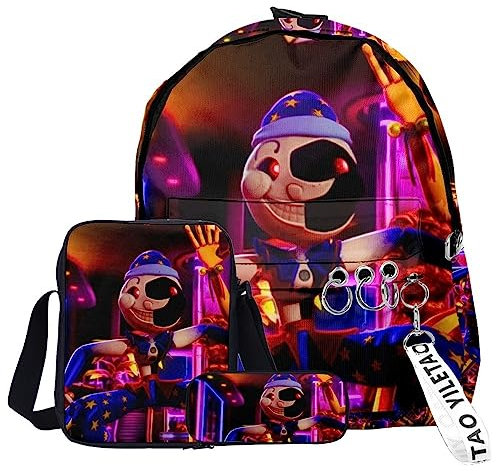 Anime FNAF Rucksack, 3PCS Fazbear's Piazzaria Set Rucksack Lunchbag und Federmappe, Sicherheitslücke Anime Cartoon Rucksack Schultasche Buchtasche Laptop Tasche für Jungen Mädchen