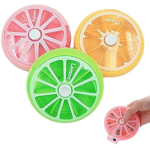 MOVKZACV 3er-Pack Pillenboxen, runde 7-Tage-Pillenboxen, kleine Pillenboxen, Wochenpillenboxen mit 7 Fächern, tragbare Spender für zu Hause und unterwegs(Grün+Orange+Rosa)
