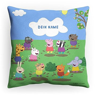 PICANOVA Peppa Wutz Kissen mit Name - Weiches Plüsch Dekokissen mit Füllung - Personalisiertes Peppa Wutz Kopfkissen für Kinder - Individuell Geschenk für Kinder -Freunde in Pfützen - 40x40cm