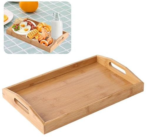 Bandeja de servicio con asas, bandeja rectangular de bambú fácil de limpiar, bandeja grande, bandeja de desayuno, bandeja de madera, bandeja de servicio para recepción de fiesta (38 x 25 x 5 cm)