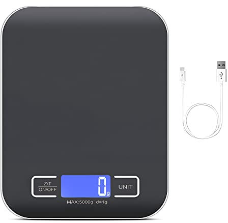 Küchenwaage Digital, 10kg/1g Küchenwaage USB Wiederaufladbar Digitale Küchenwaagen mit LCD Display & Tara Funktion Professionelle Küchenwaagen mit Akku Ladekabel - Schwarz