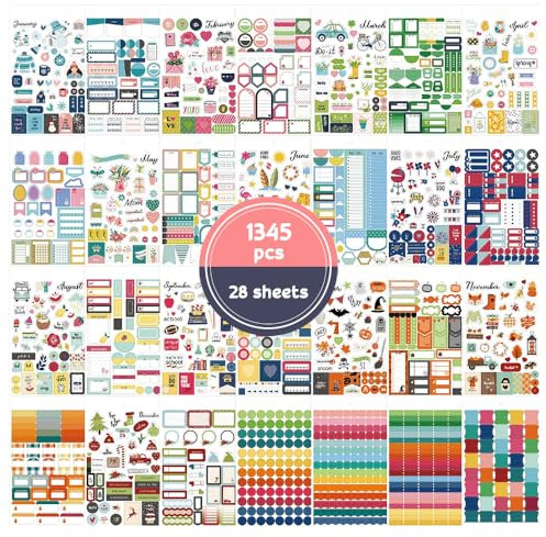 SLTAXAR 1345 Stück Bullet Journal Sticker Book 28 Blätter Bullet Journal Kalender Aufkleber Sticker Kalender Gestalten Monat Planer Sticker Haushalt Aufkleber für Bullet Journal Kalender DIY Tagebuch