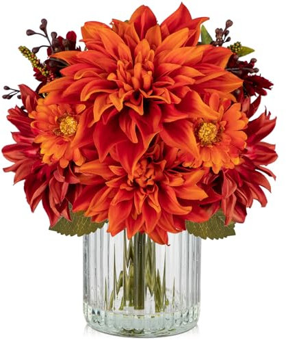 Briful Fake Fall Flowers with Vase, Artificial Dahlia & Mum Silk Floral Arrangement with Glass Vase Faux Autumn Flowers Bouquet for Home Office Room Coffee Table Centerpiece Wedding Decoration