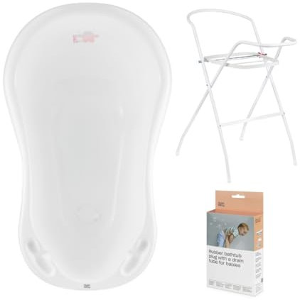 Hylat Baby Babybadewanne mit Gestell und Abfluss - TÜV Rheinland zertifiziert - ergonomisch und komfortabel für Neugeborene und Babys - Lite-Kollektion - Farbe: Weiß, Motiv: Friends