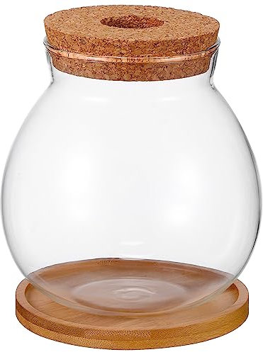 Beavorty Desktop Fish Bowl Clear Glass Small Betta Fish Tank with Wood Lid and Bamboo Stand Table Hydroponic Plants Terrarium for Home Office Decoration 13 * 14cm