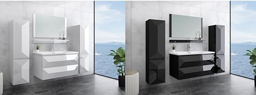 Faizee Home | Badmöbel-Set Miran 90 cm in Hochglanz Weiß – Modernes Badezimmer-Set mit Keramik-Waschbecken, Soft-Close Unterschrank & 2 Seitenschränken | Komplettes Badmöbel-Programm