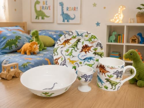 Rainbow Decors Lot de 4 assiettes pour petit déjeuner Dinosaures 20 cm Tasse Bol à céréales et coquetier en porcelaine fine pour enfants Collage Dinosaures Décoré à la main Royaume-Uni