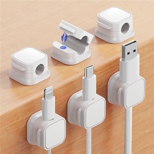 Confezione da 6 Organizzatore per cavi magnetico, gestione dei cavi adesiva, Picozon organizzatore per cavi USB per telefono per casa, ufficio, parete, comodino e auto - Bianco